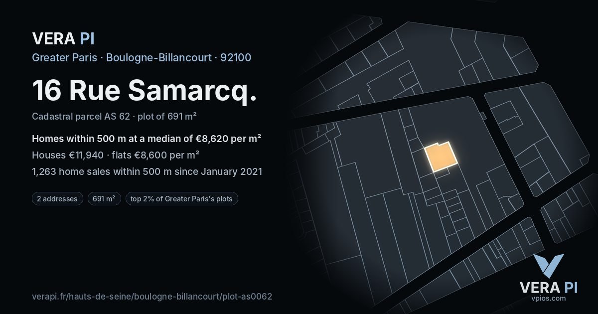 16 Rue Samarcq, Boulogne-Billancourt at night – the plot lit, the parcels around coloured by the prices near them