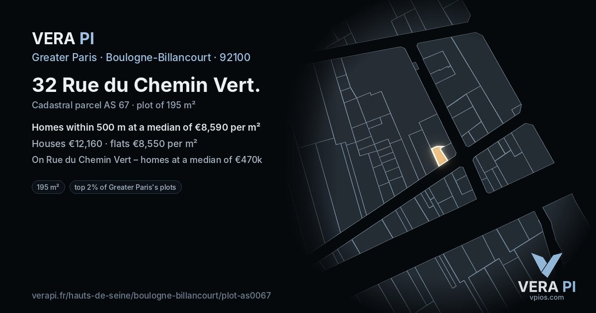 32 Rue du Chemin Vert, Boulogne-Billancourt at night – the plot lit, the parcels around coloured by the prices near them