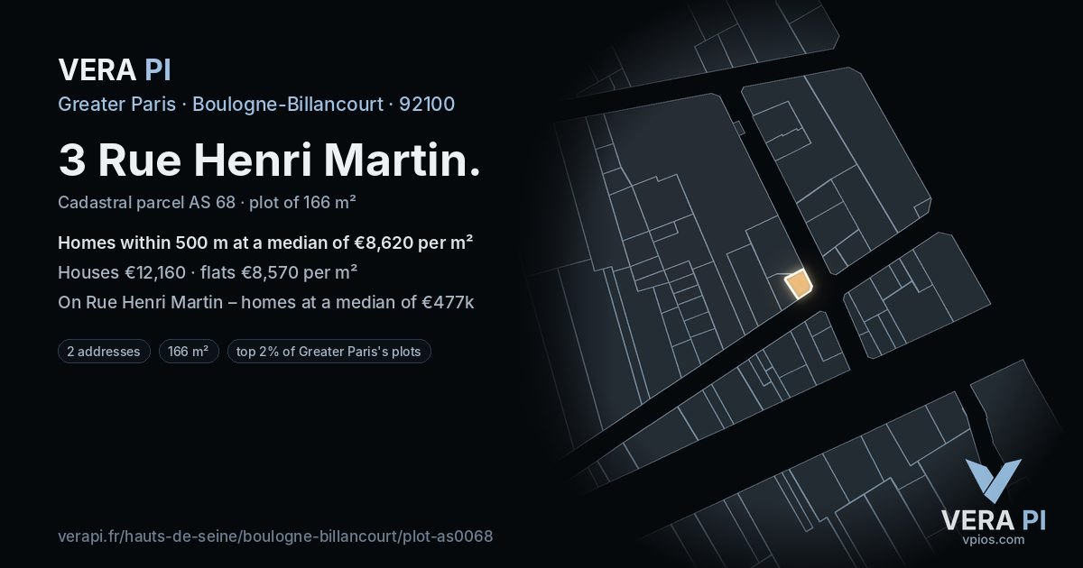 3 Rue Henri Martin, Boulogne-Billancourt at night – the plot lit, the parcels around coloured by the prices near them