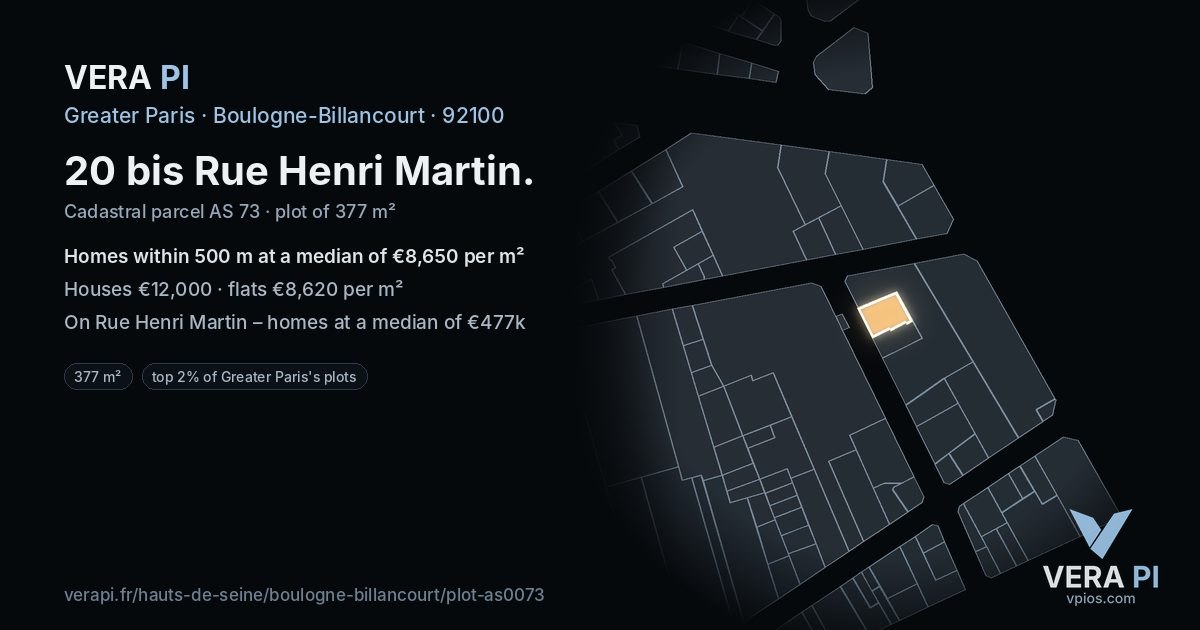 20 bis Rue Henri Martin, Boulogne-Billancourt at night – the plot lit, the parcels around coloured by the prices near them