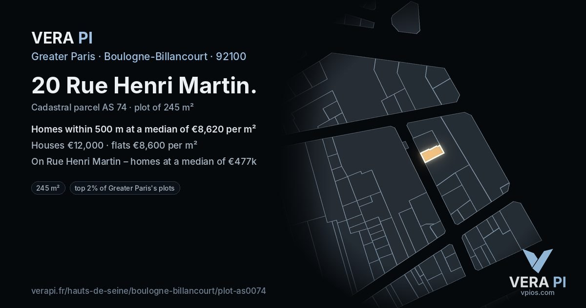20 Rue Henri Martin, Boulogne-Billancourt at night – the plot lit, the parcels around coloured by the prices near them