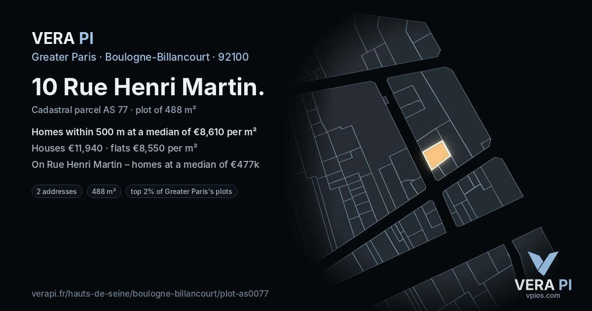 10 Rue Henri Martin, Boulogne-Billancourt at night – the plot lit, the parcels around coloured by the prices near them