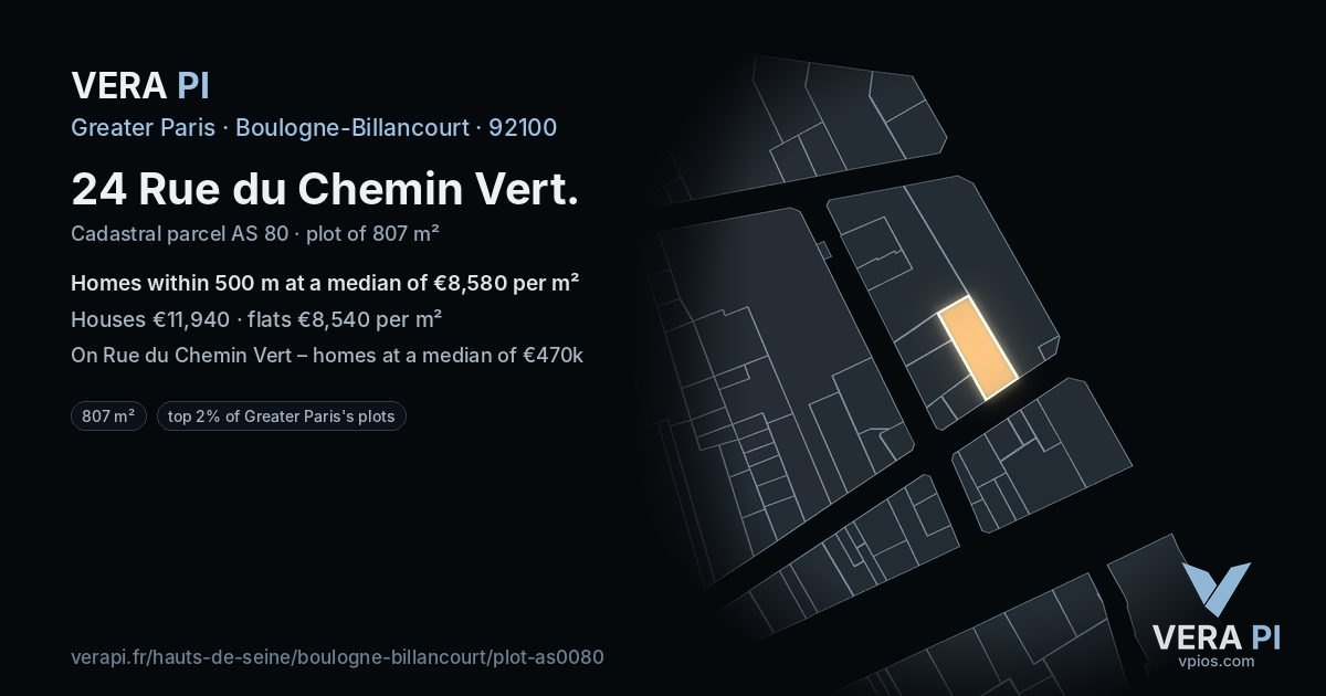 24 Rue du Chemin Vert, Boulogne-Billancourt at night – the plot lit, the parcels around coloured by the prices near them