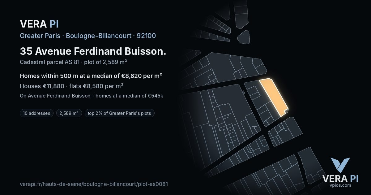 35 Avenue Ferdinand Buisson, Boulogne-Billancourt at night – the plot lit, the parcels around coloured by the prices near them