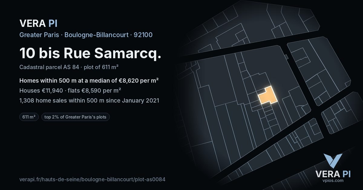 10 bis Rue Samarcq, Boulogne-Billancourt at night – the plot lit, the parcels around coloured by the prices near them