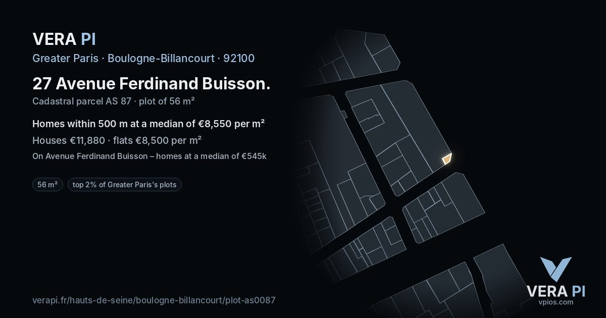27 Avenue Ferdinand Buisson, Boulogne-Billancourt at night – the plot lit, the parcels around coloured by the prices near them