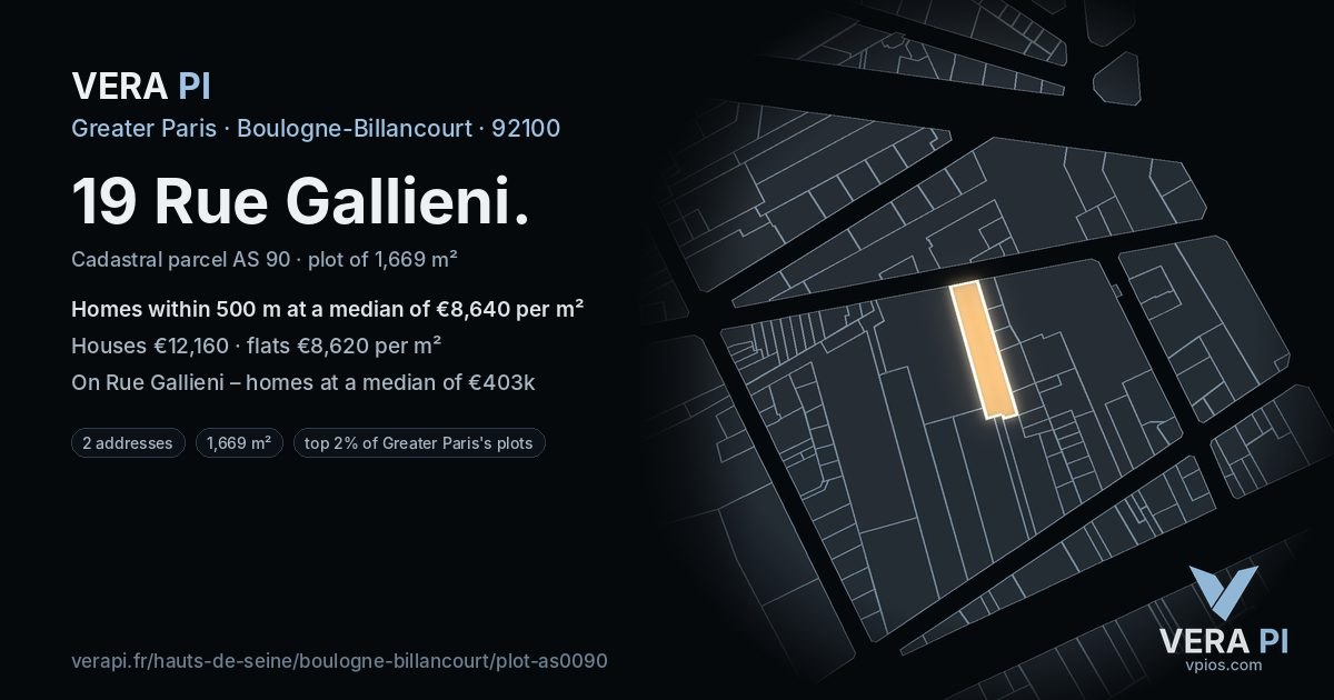19 Rue Gallieni, Boulogne-Billancourt at night – the plot lit, the parcels around coloured by the prices near them