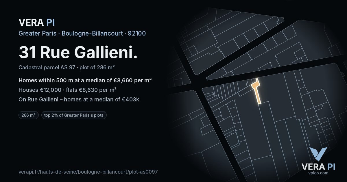 31 Rue Gallieni, Boulogne-Billancourt at night – the plot lit, the parcels around coloured by the prices near them