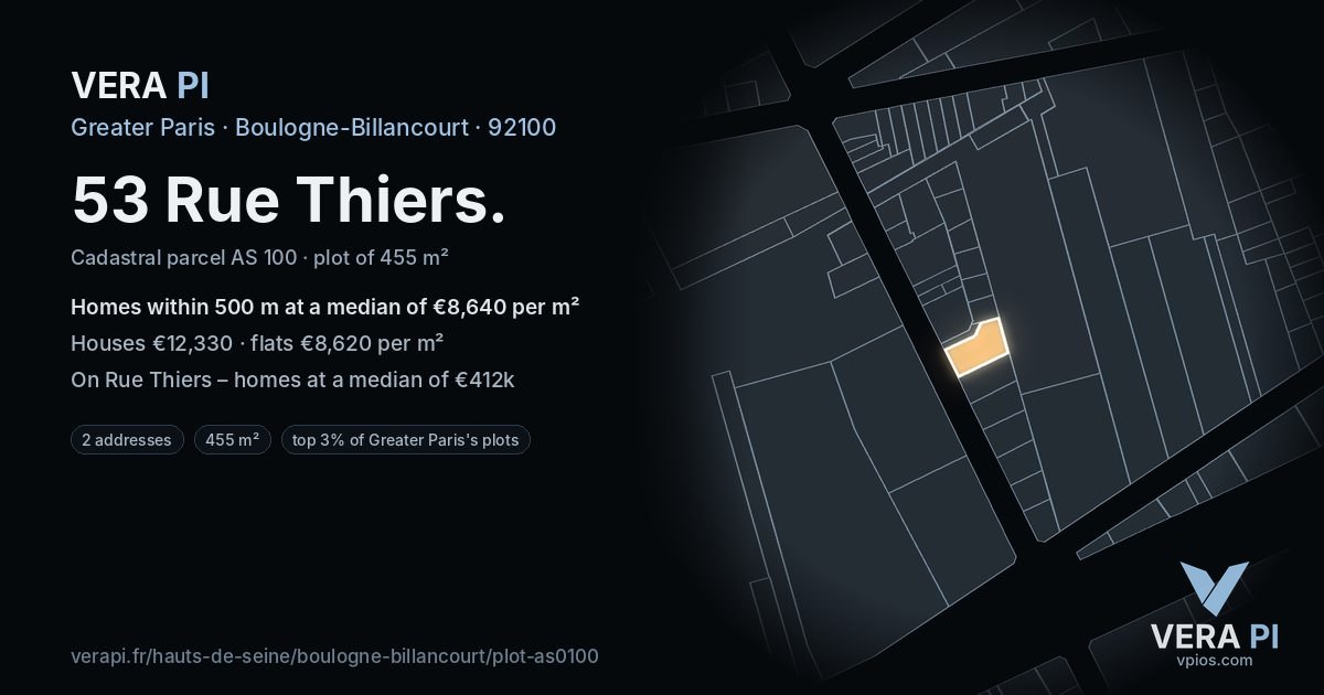 53 Rue Thiers, Boulogne-Billancourt at night – the plot lit, the parcels around coloured by the prices near them