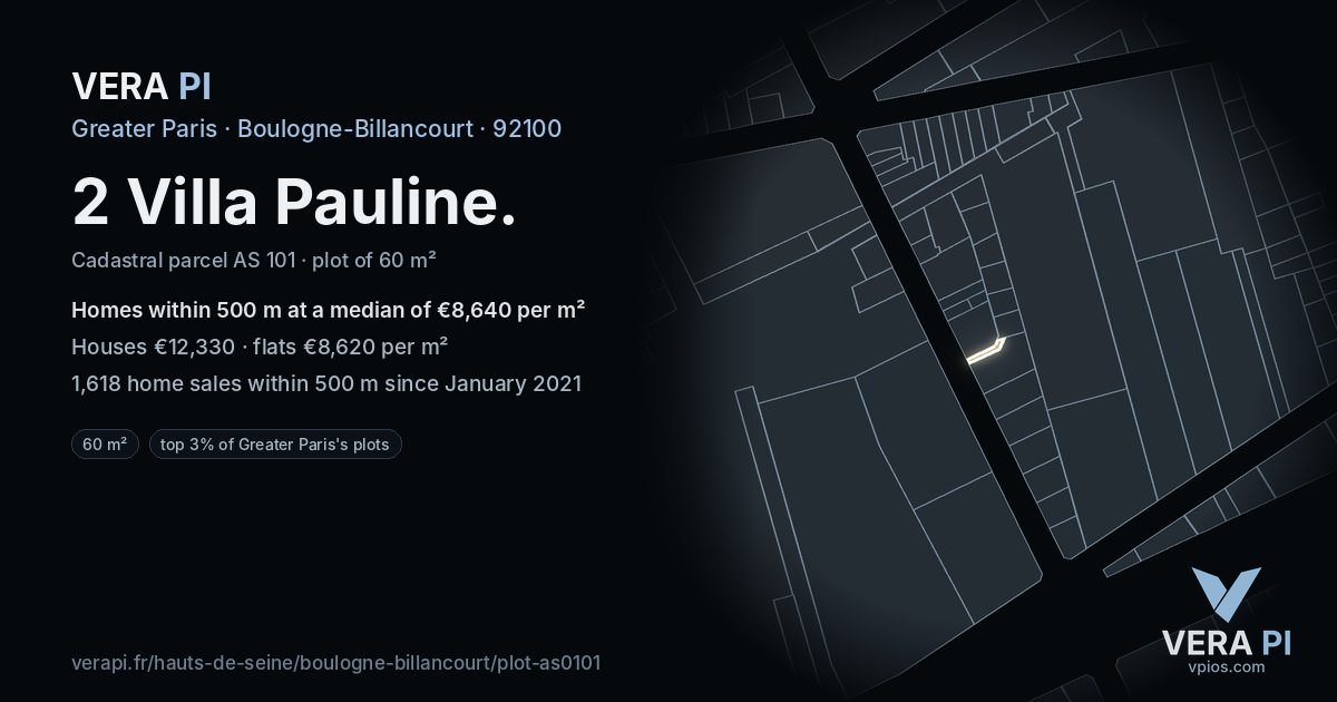 2 Villa Pauline, Boulogne-Billancourt at night – the plot lit, the parcels around coloured by the prices near them