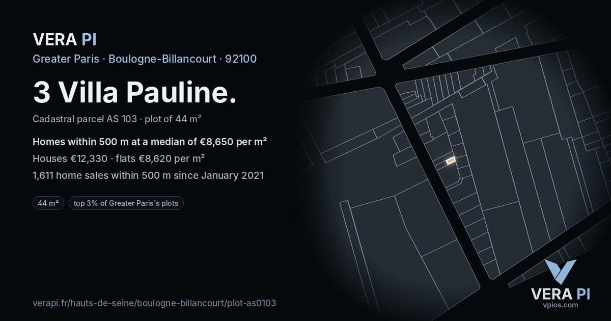 3 Villa Pauline, Boulogne-Billancourt at night – the plot lit, the parcels around coloured by the prices near them