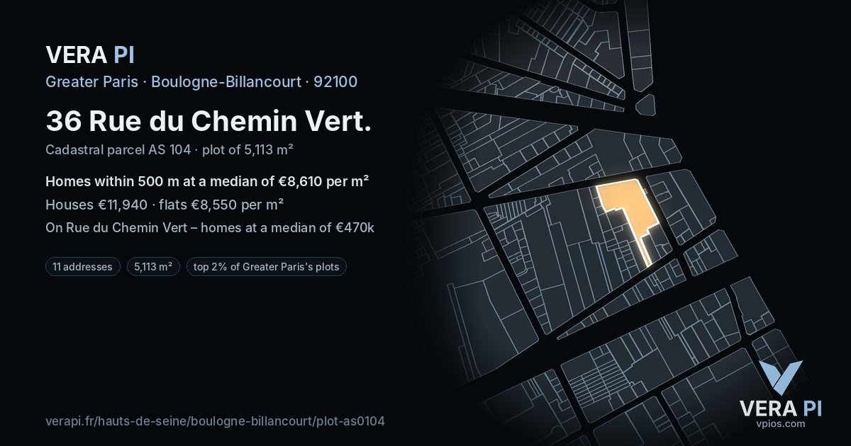 36 Rue du Chemin Vert, Boulogne-Billancourt at night – the plot lit, the parcels around coloured by the prices near them