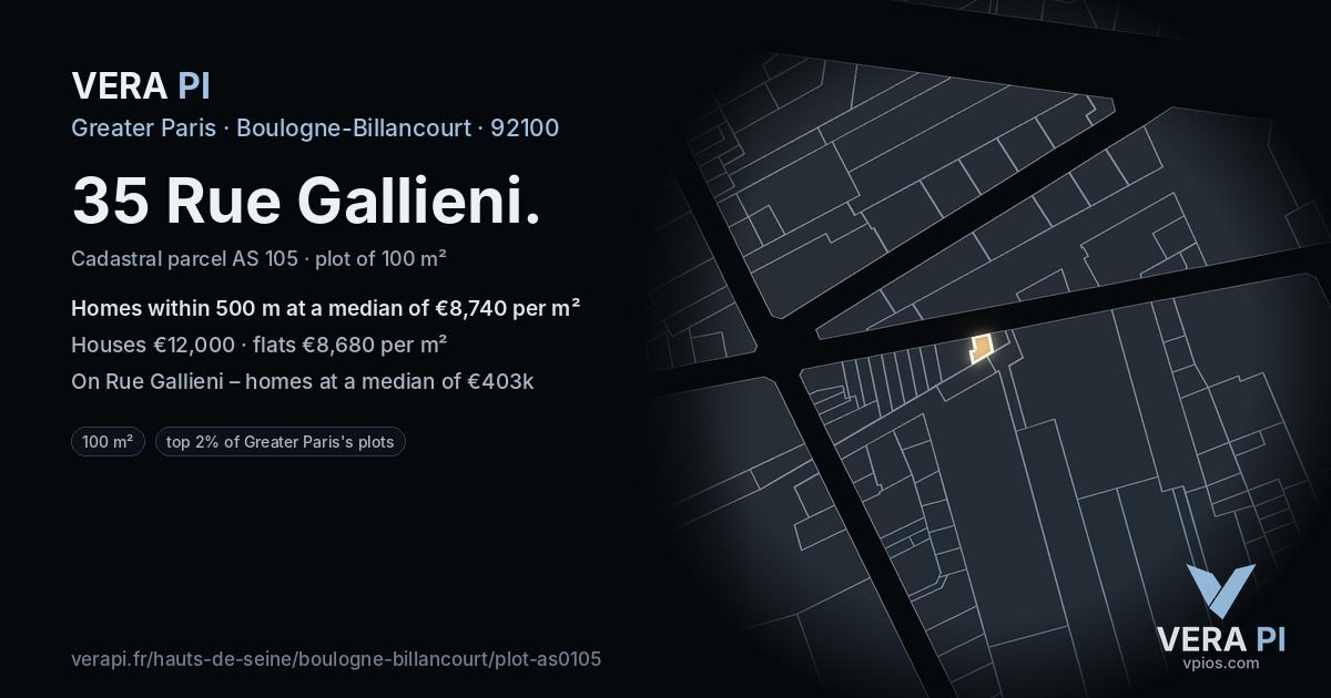 35 Rue Gallieni, Boulogne-Billancourt at night – the plot lit, the parcels around coloured by the prices near them