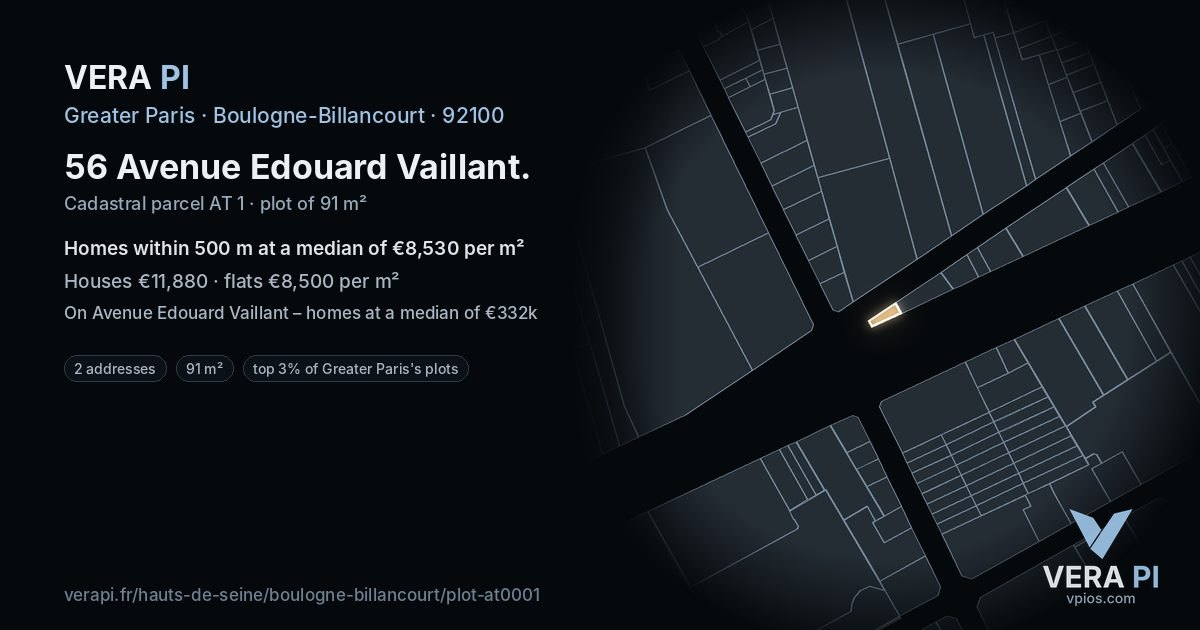 56 Avenue Edouard Vaillant, Boulogne-Billancourt at night – the plot lit, the parcels around coloured by the prices near them