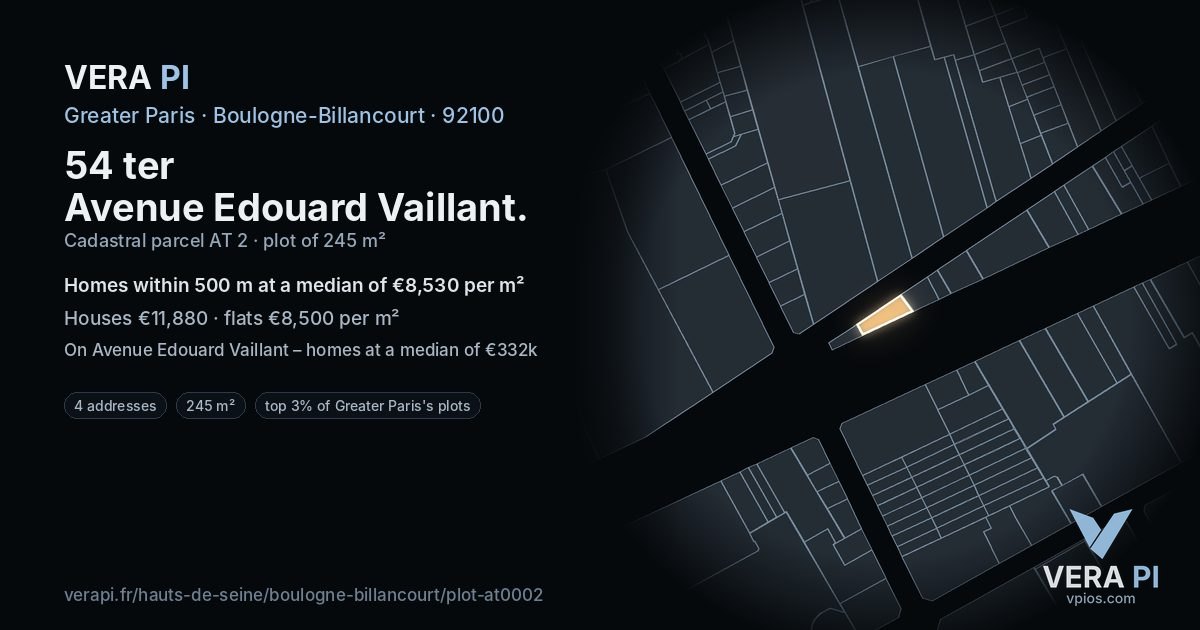 54 ter Avenue Edouard Vaillant, Boulogne-Billancourt at night – the plot lit, the parcels around coloured by the prices near them