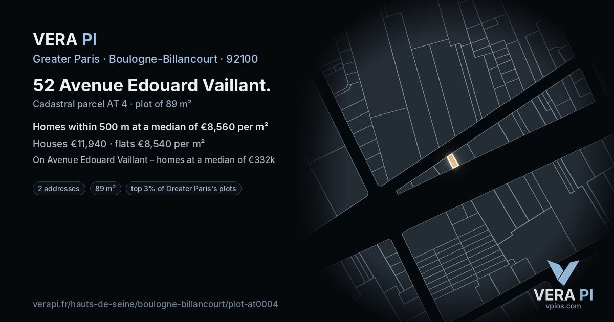 52 Avenue Edouard Vaillant, Boulogne-Billancourt at night – the plot lit, the parcels around coloured by the prices near them