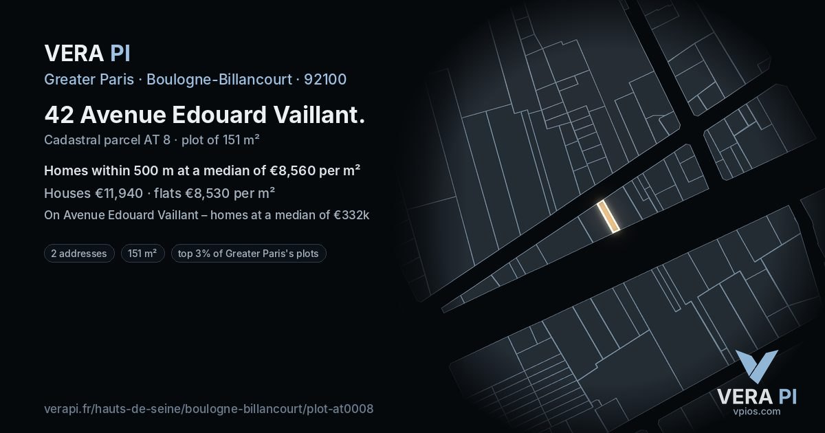 42 Avenue Edouard Vaillant, Boulogne-Billancourt at night – the plot lit, the parcels around coloured by the prices near them