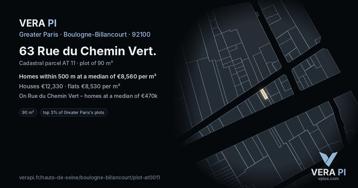 63 Rue du Chemin Vert, Boulogne-Billancourt at night – the plot lit, the parcels around coloured by the prices near them