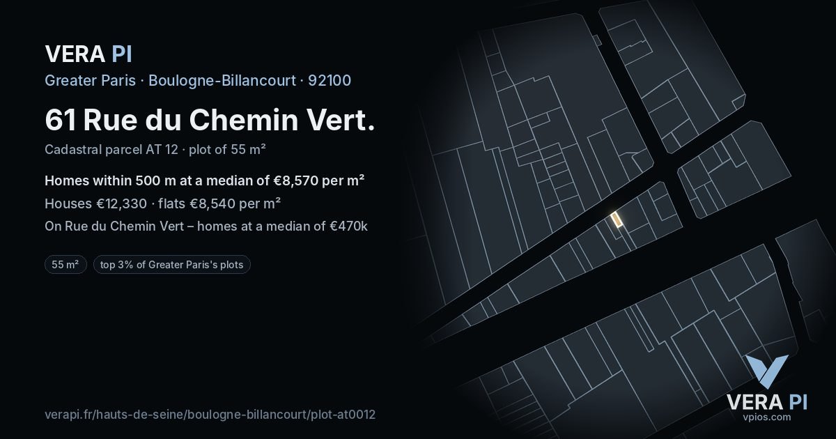 61 Rue du Chemin Vert, Boulogne-Billancourt at night – the plot lit, the parcels around coloured by the prices near them