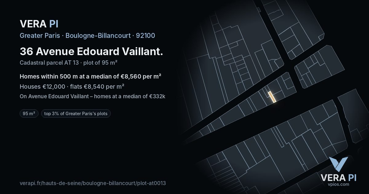 36 Avenue Edouard Vaillant, Boulogne-Billancourt at night – the plot lit, the parcels around coloured by the prices near them