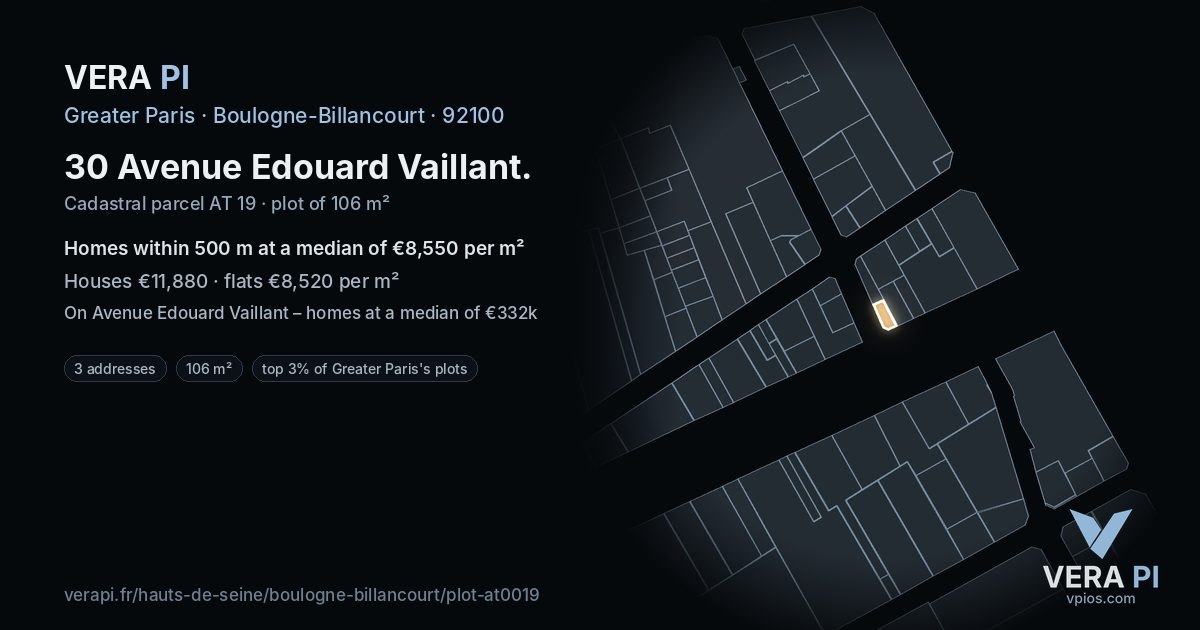30 Avenue Edouard Vaillant, Boulogne-Billancourt at night – the plot lit, the parcels around coloured by the prices near them