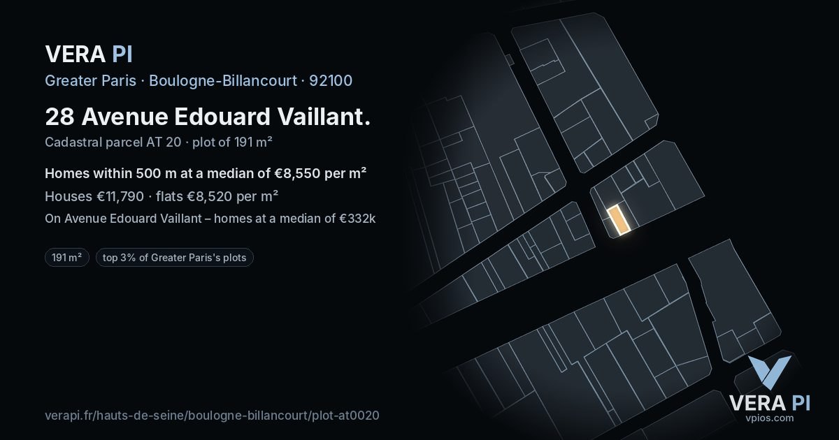 28 Avenue Edouard Vaillant, Boulogne-Billancourt at night – the plot lit, the parcels around coloured by the prices near them