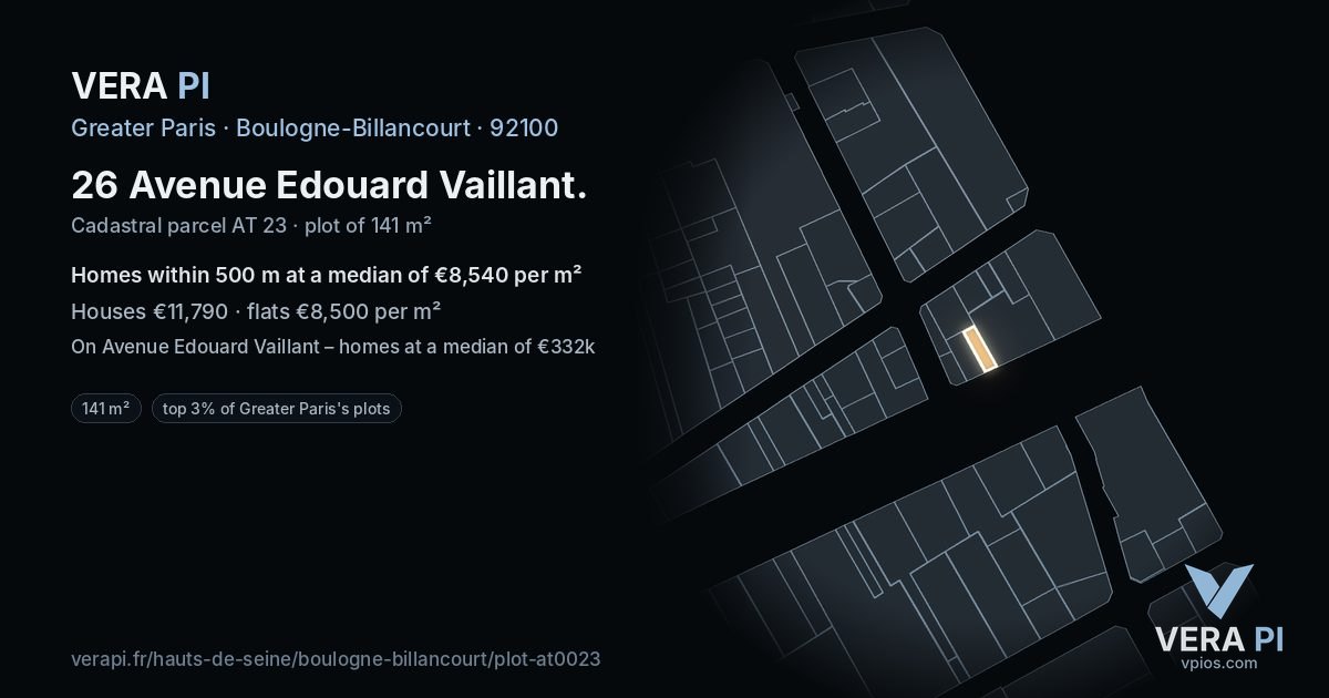 26 Avenue Edouard Vaillant, Boulogne-Billancourt at night – the plot lit, the parcels around coloured by the prices near them