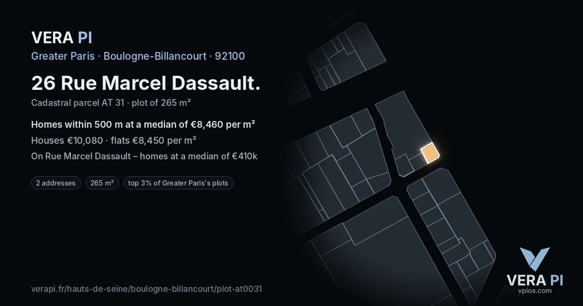 26 Rue Marcel Dassault, Boulogne-Billancourt at night – the plot lit, the parcels around coloured by the prices near them