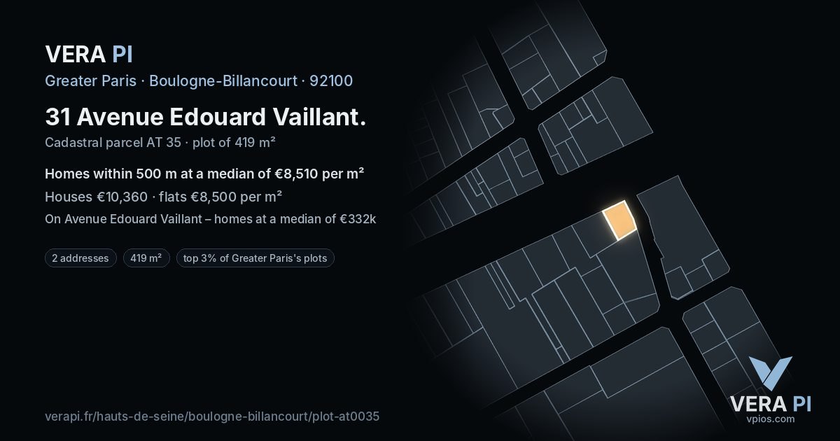 31 Avenue Edouard Vaillant, Boulogne-Billancourt at night – the plot lit, the parcels around coloured by the prices near them