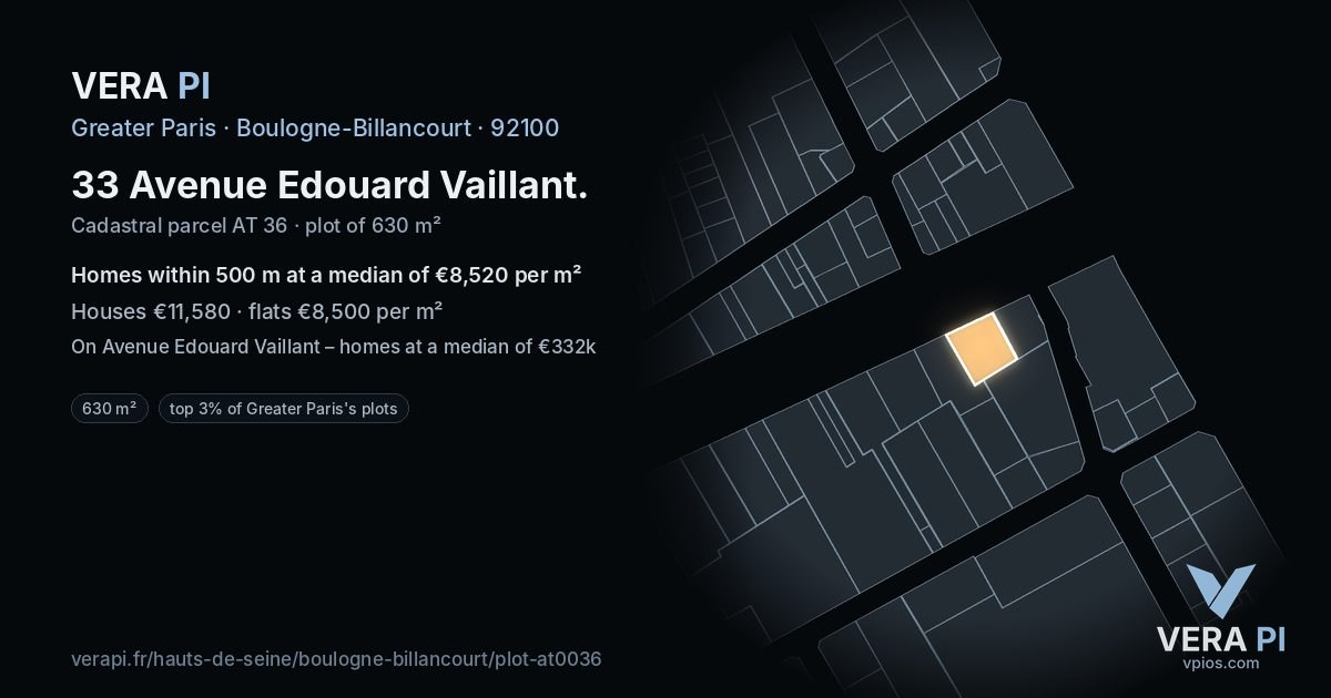 33 Avenue Edouard Vaillant, Boulogne-Billancourt at night – the plot lit, the parcels around coloured by the prices near them