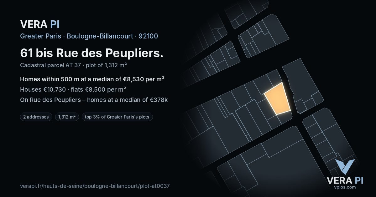 61 bis Rue des Peupliers, Boulogne-Billancourt at night – the plot lit, the parcels around coloured by the prices near them
