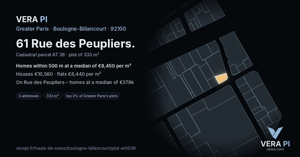 61 Rue des Peupliers, Boulogne-Billancourt at night – the plot lit, the parcels around coloured by the prices near them