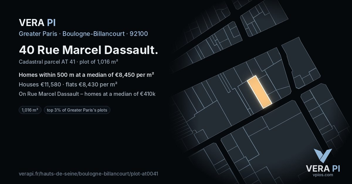 40 Rue Marcel Dassault, Boulogne-Billancourt at night – the plot lit, the parcels around coloured by the prices near them
