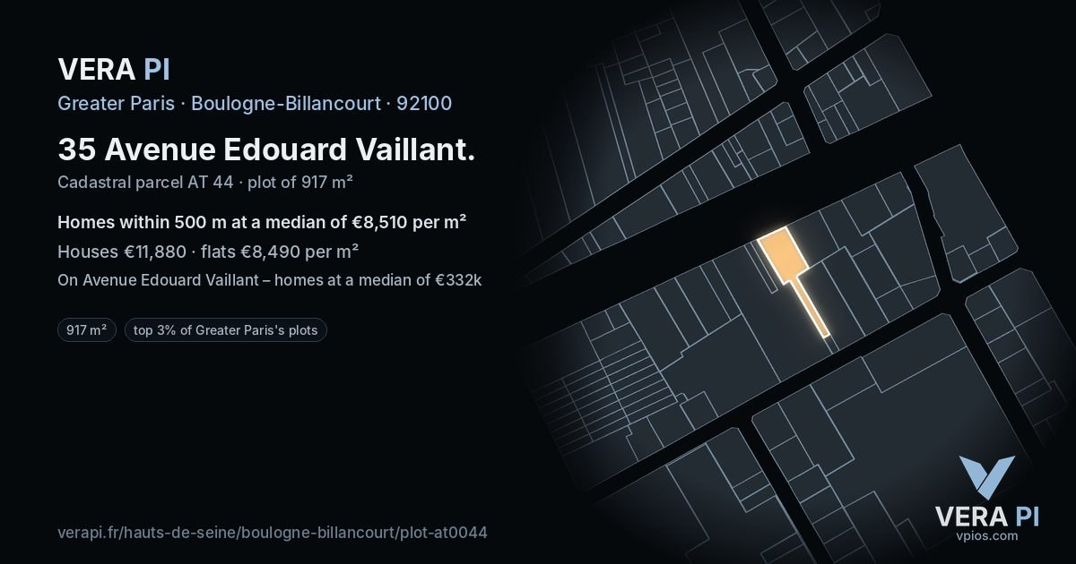 35 Avenue Edouard Vaillant, Boulogne-Billancourt at night – the plot lit, the parcels around coloured by the prices near them