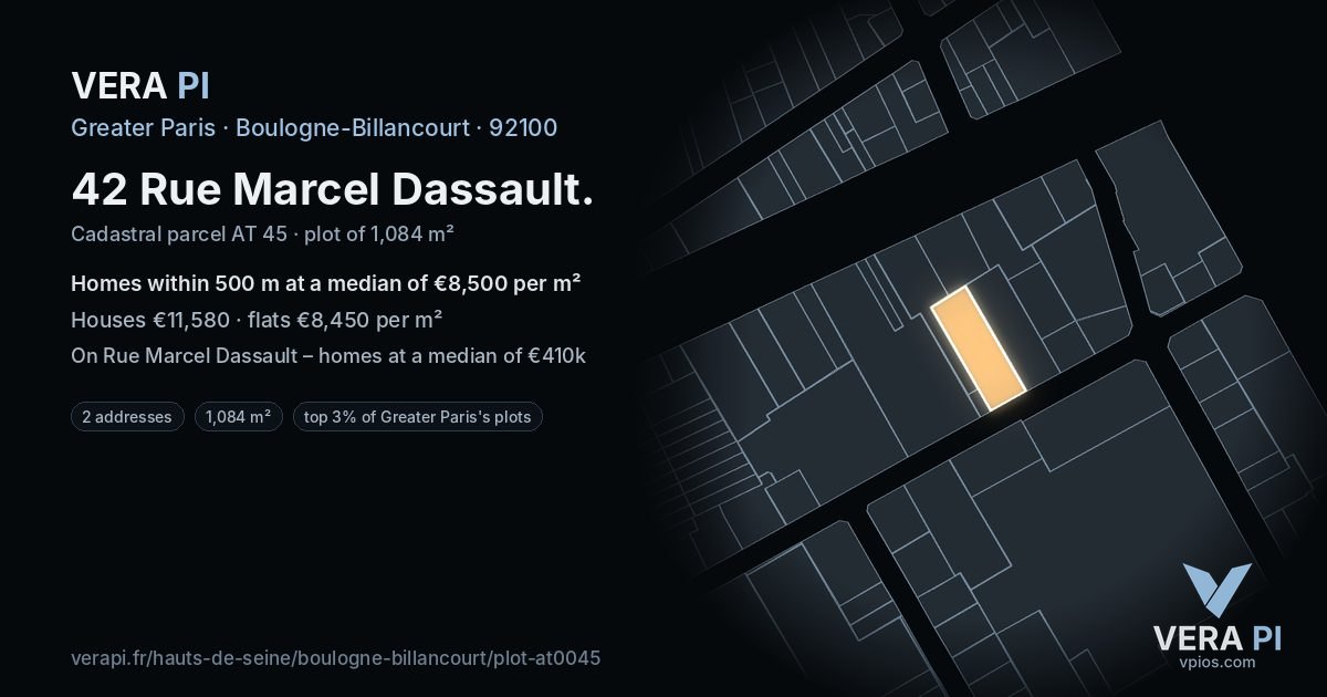 42 Rue Marcel Dassault, Boulogne-Billancourt at night – the plot lit, the parcels around coloured by the prices near them