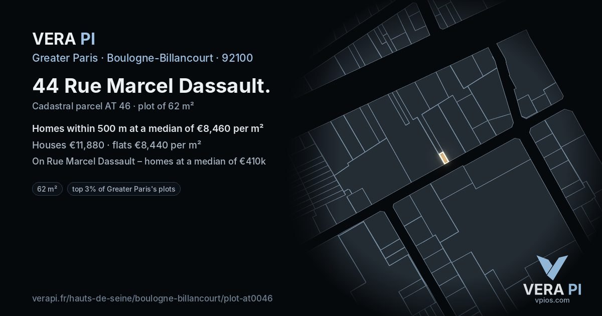 44 Rue Marcel Dassault, Boulogne-Billancourt at night – the plot lit, the parcels around coloured by the prices near them