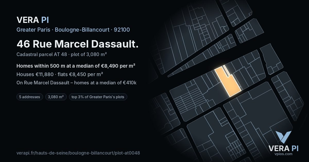 46 Rue Marcel Dassault, Boulogne-Billancourt at night – the plot lit, the parcels around coloured by the prices near them