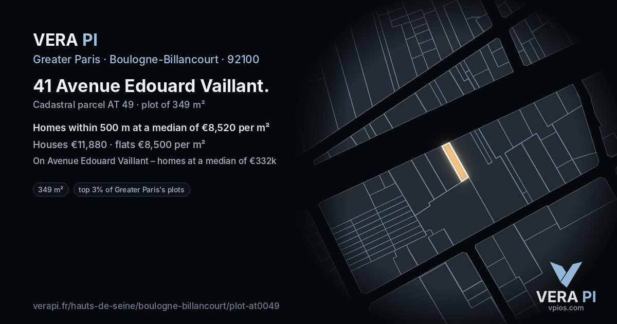 41 Avenue Edouard Vaillant, Boulogne-Billancourt at night – the plot lit, the parcels around coloured by the prices near them