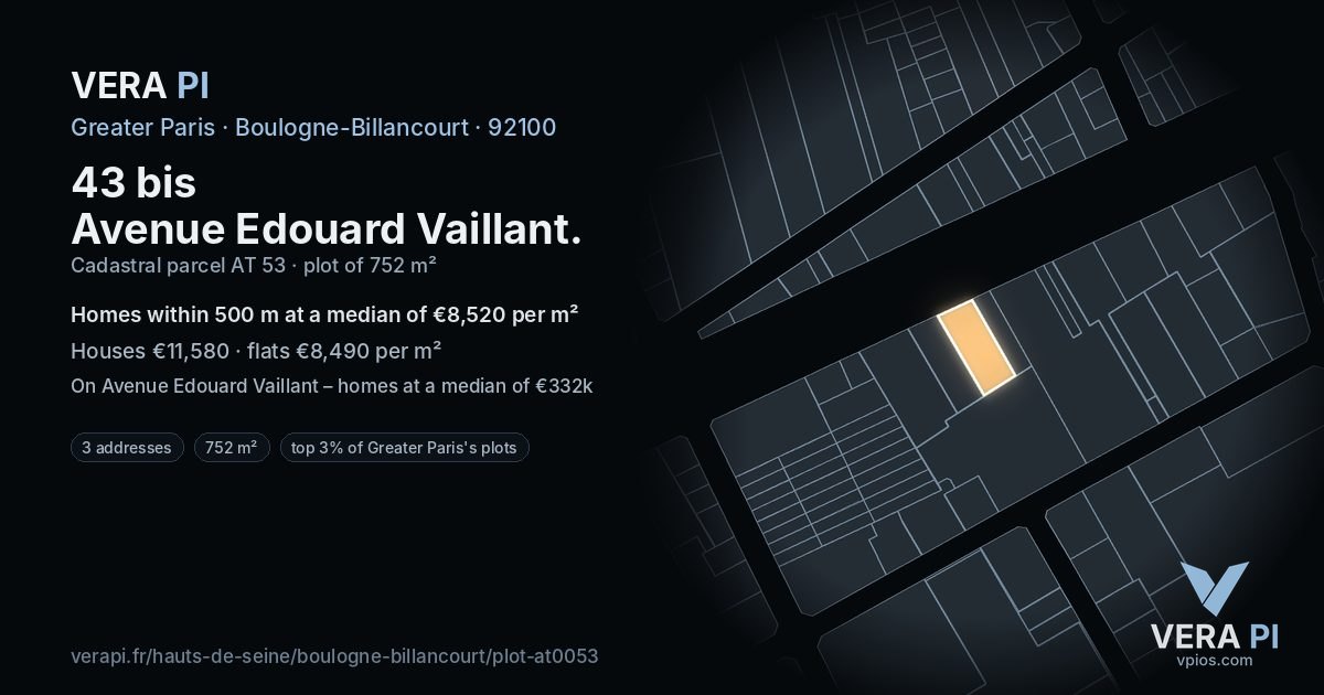 43 bis Avenue Edouard Vaillant, Boulogne-Billancourt at night – the plot lit, the parcels around coloured by the prices near them