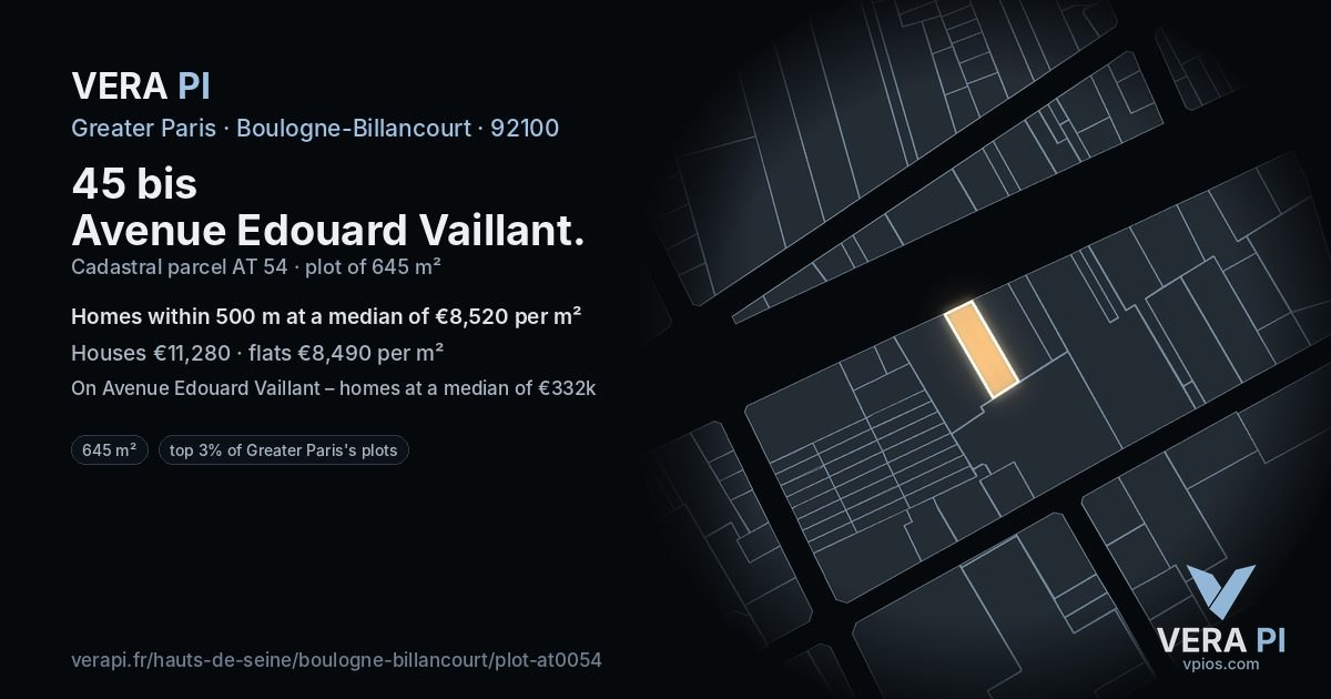 45 bis Avenue Edouard Vaillant, Boulogne-Billancourt at night – the plot lit, the parcels around coloured by the prices near them