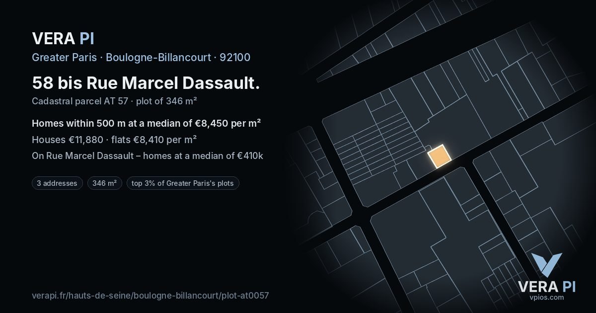 58 bis Rue Marcel Dassault, Boulogne-Billancourt at night – the plot lit, the parcels around coloured by the prices near them