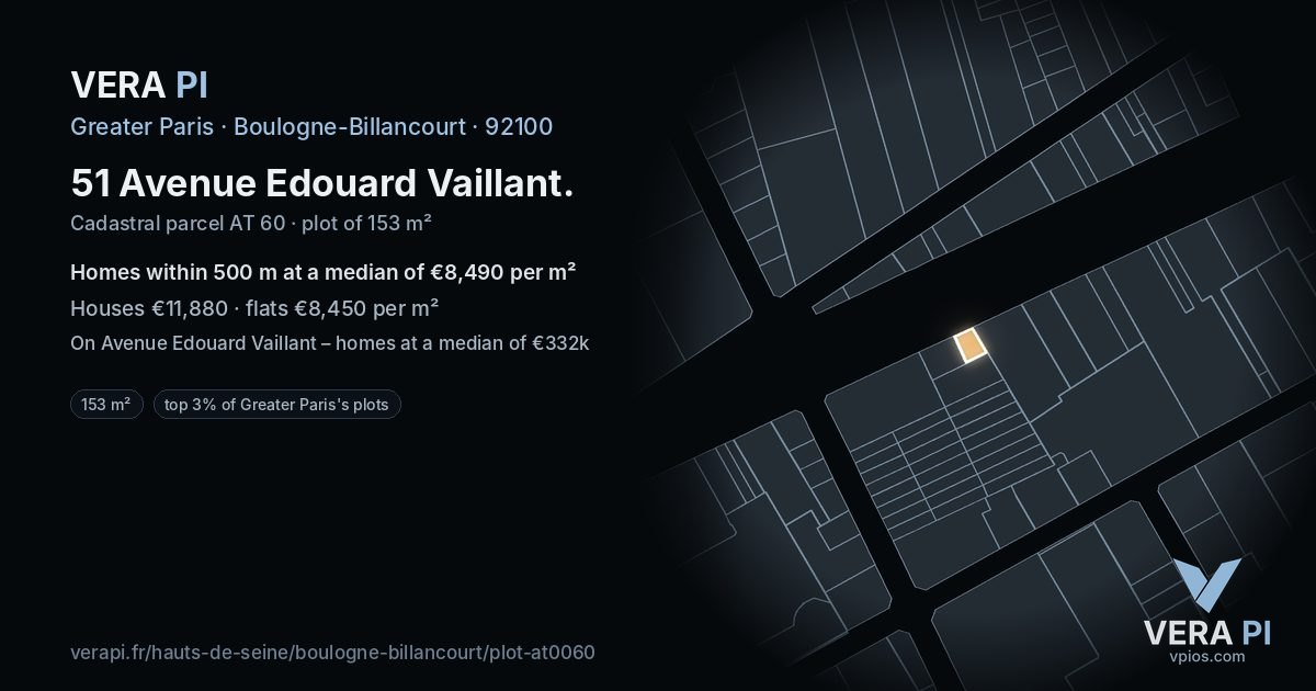 51 Avenue Edouard Vaillant, Boulogne-Billancourt at night – the plot lit, the parcels around coloured by the prices near them