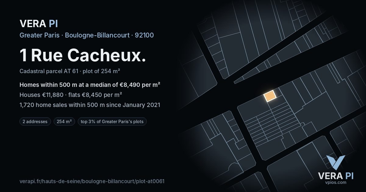 1 Rue Cacheux, Boulogne-Billancourt at night – the plot lit, the parcels around coloured by the prices near them