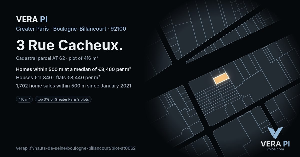 3 Rue Cacheux, Boulogne-Billancourt at night – the plot lit, the parcels around coloured by the prices near them