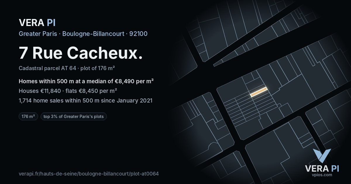 7 Rue Cacheux, Boulogne-Billancourt at night – the plot lit, the parcels around coloured by the prices near them