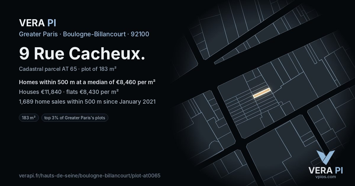 9 Rue Cacheux, Boulogne-Billancourt at night – the plot lit, the parcels around coloured by the prices near them