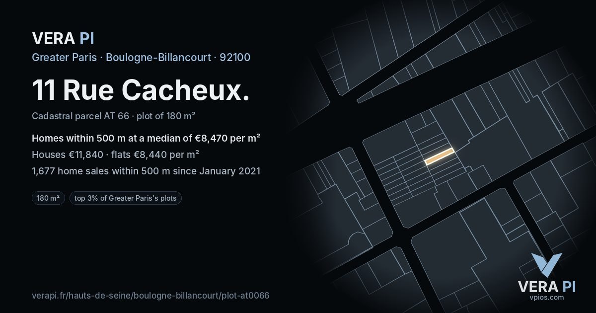 11 Rue Cacheux, Boulogne-Billancourt at night – the plot lit, the parcels around coloured by the prices near them