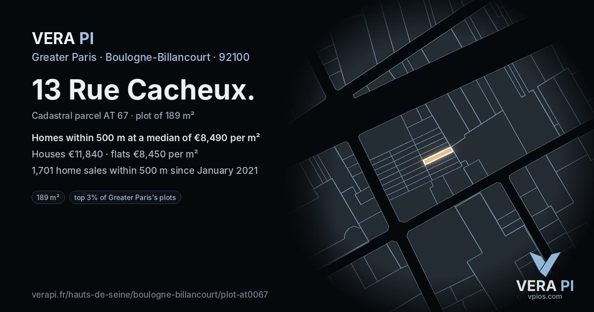 13 Rue Cacheux, Boulogne-Billancourt at night – the plot lit, the parcels around coloured by the prices near them