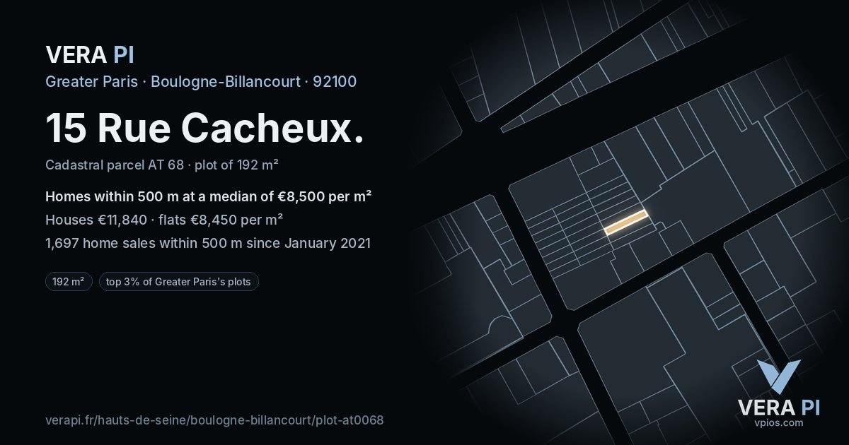 15 Rue Cacheux, Boulogne-Billancourt at night – the plot lit, the parcels around coloured by the prices near them