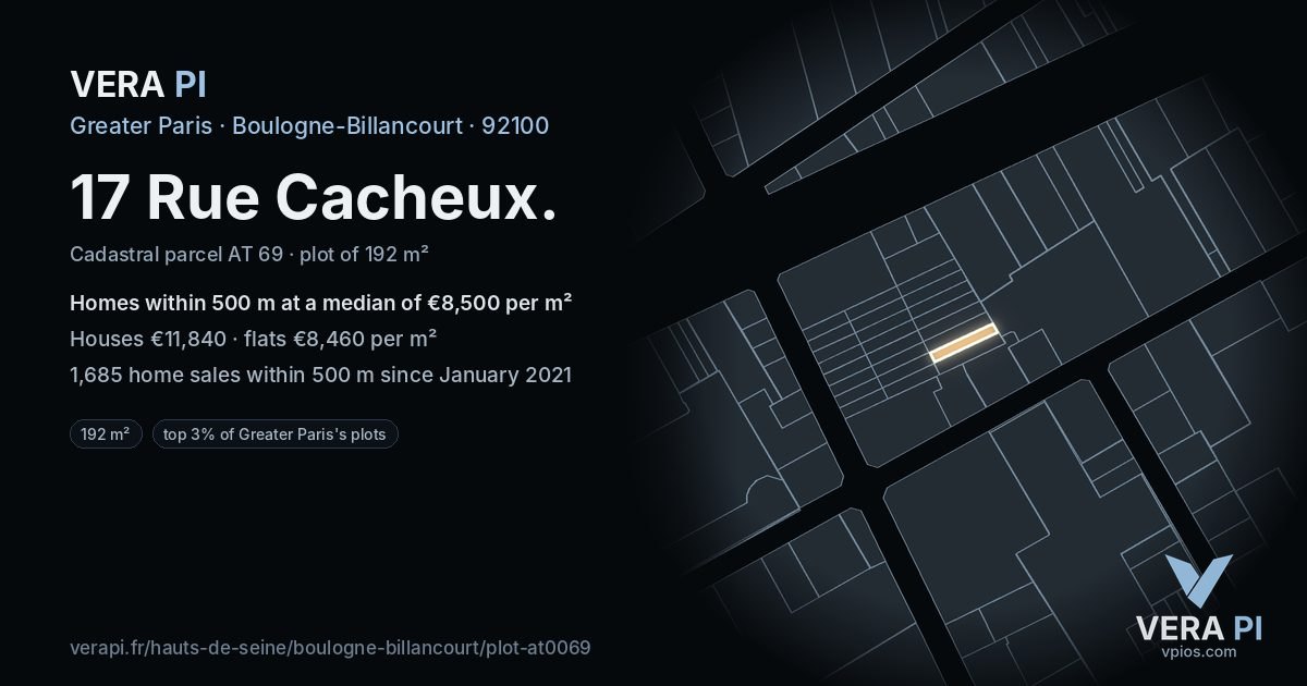 17 Rue Cacheux, Boulogne-Billancourt at night – the plot lit, the parcels around coloured by the prices near them